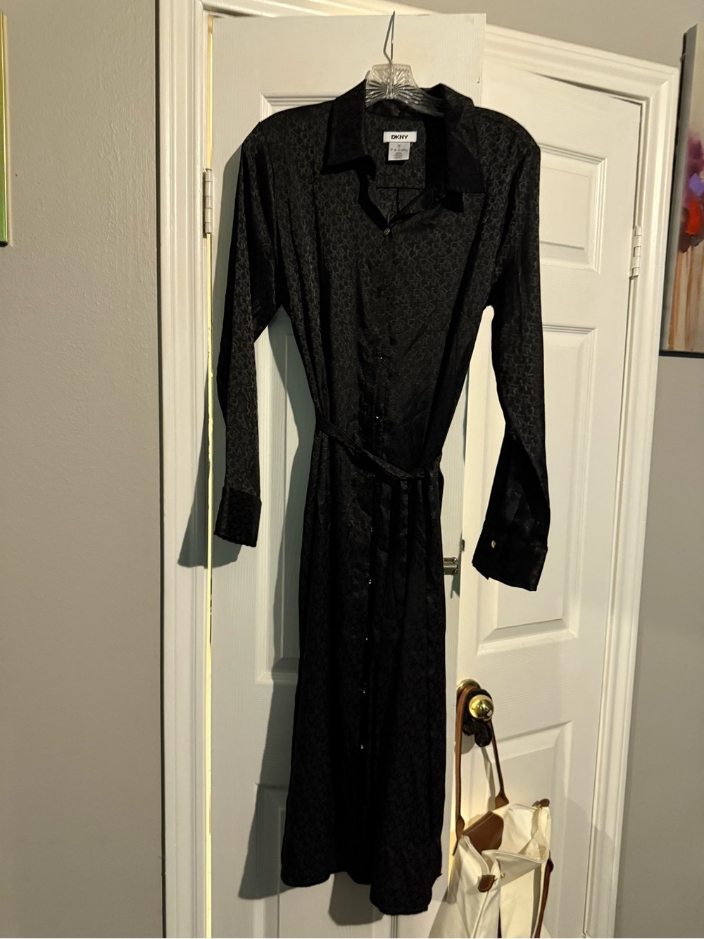 DKNY Black Long Sleeve Tie-Waist Shirt Dress